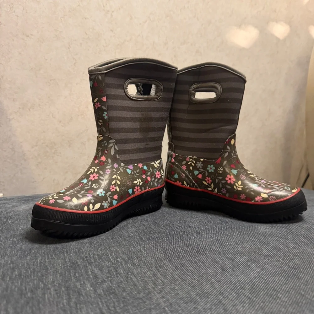 Kids Waterproof‎ Floral Striped Rain Boots with Pull Handles Gray Pink Size 11